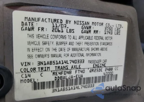 2004 Nissan Sentra 2.5S z USA, uszkodzony, nr VIN 3N1AB51A14L740333